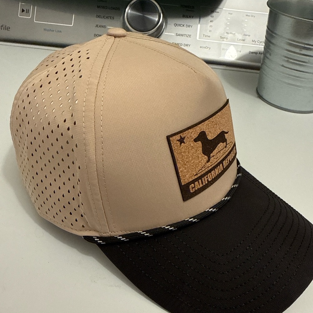 California Republic Patch Trucker Hat in Tan and Black unisex dachshund Dog Star
